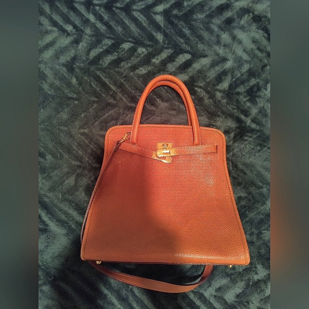 Tan Leather Satchel with Gold-Tone Hardware - Picture 1 of 8